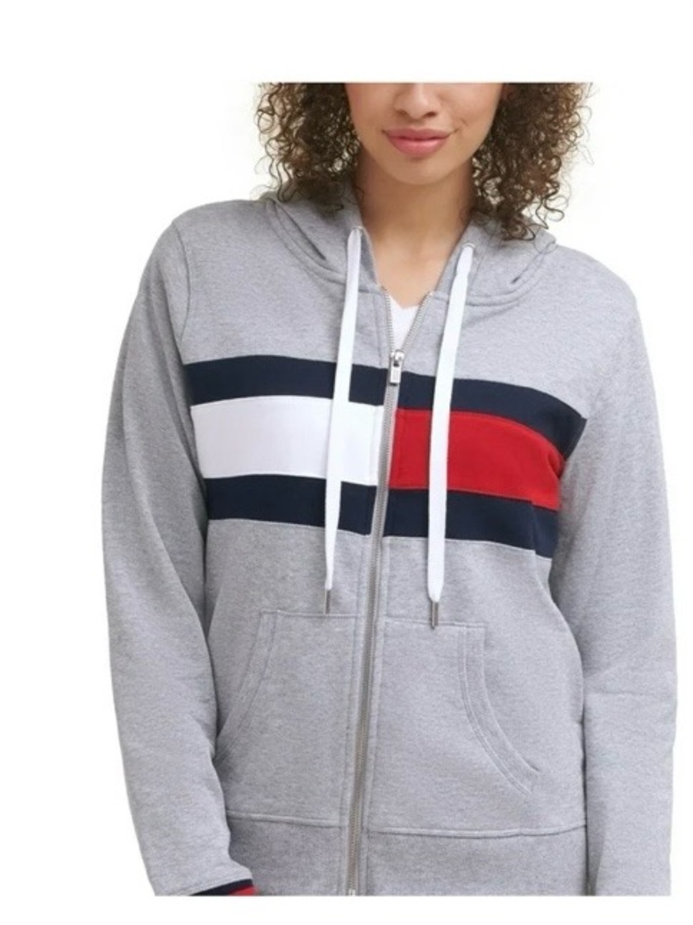 Tommy Hilfiger Gray Zip Hoodie with Navy, White & Red Stripes